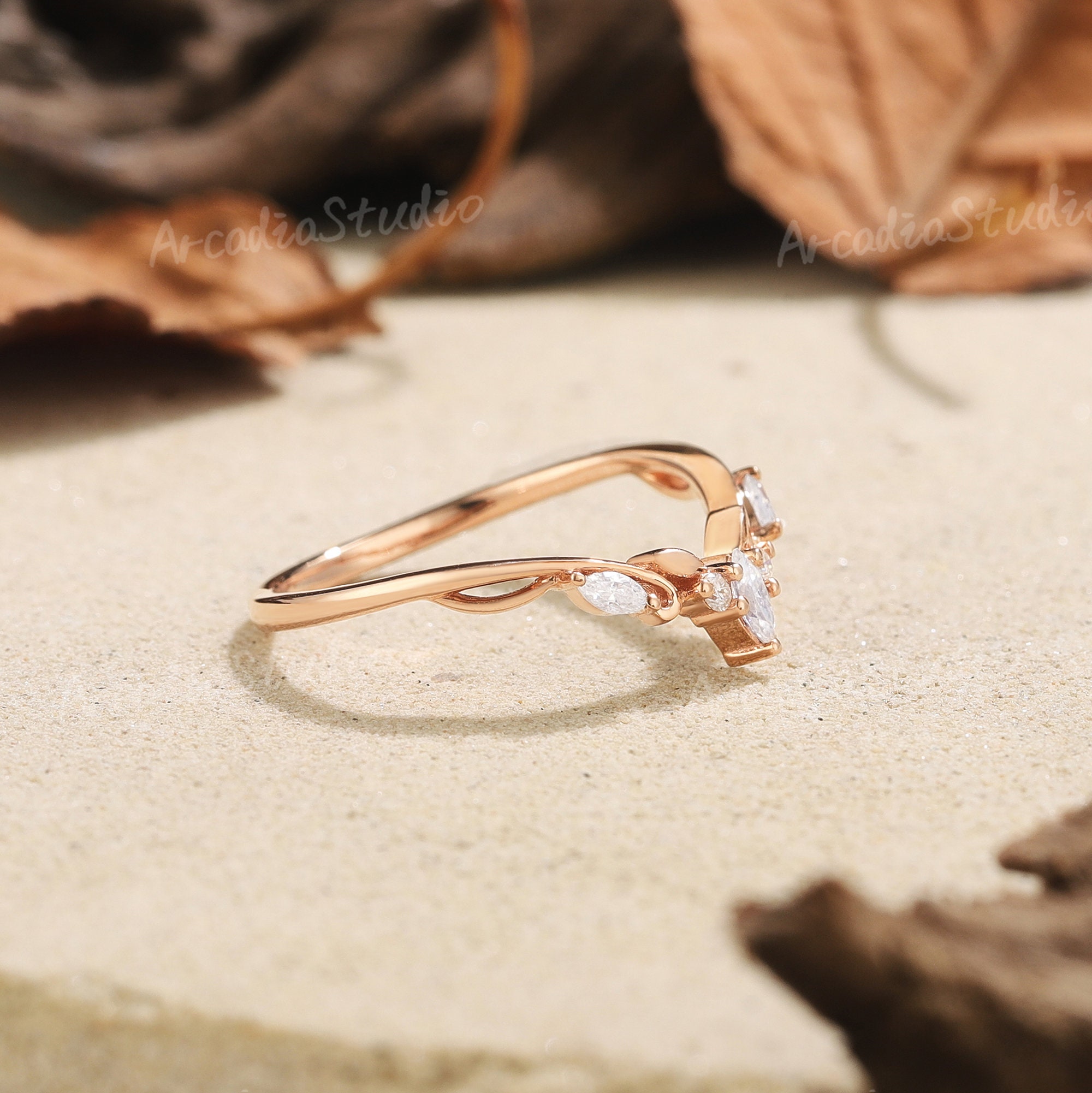 Art Deco Marquise Moissanite Wedding Band Rose Gold Moissanite Ring ...