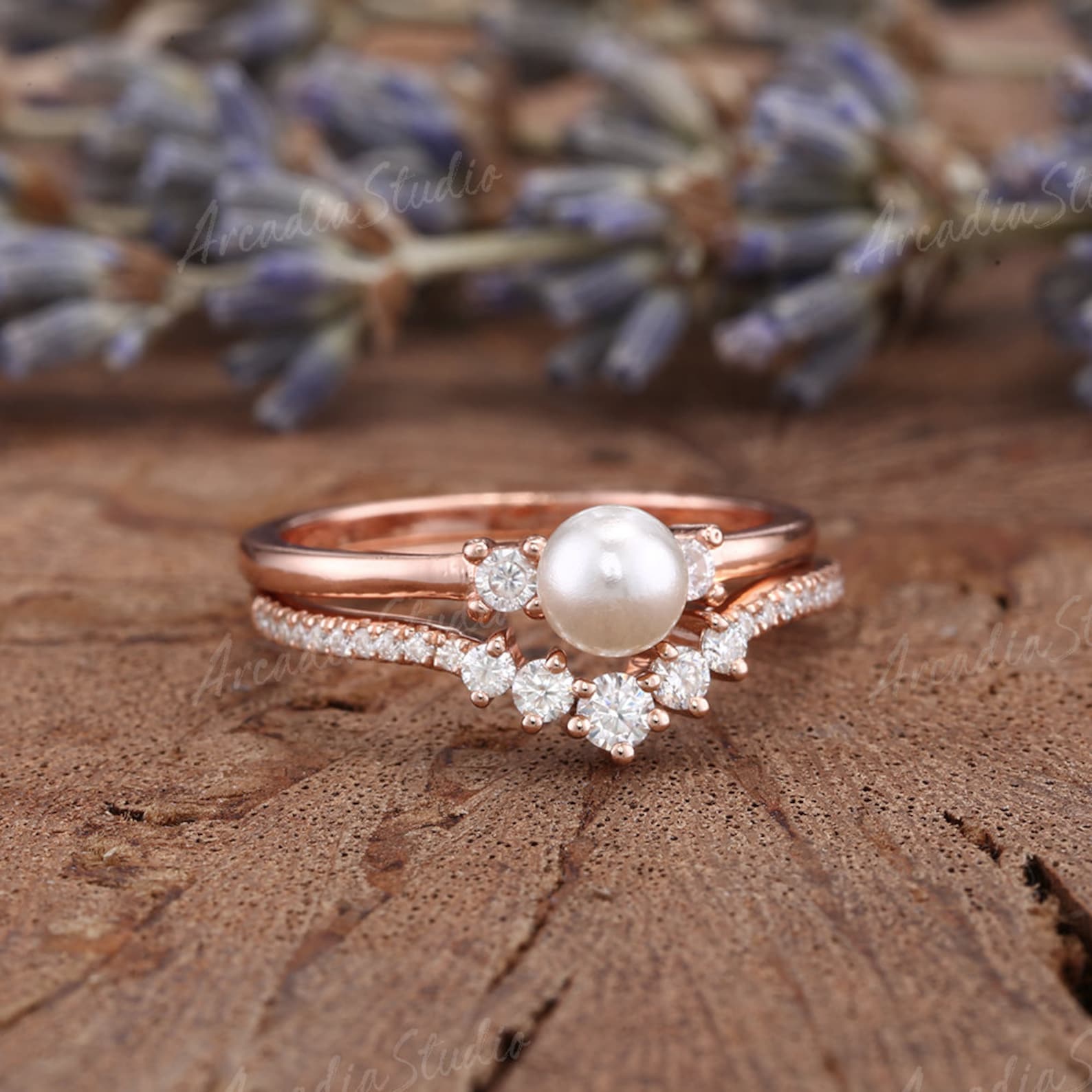 Vintage Pearl Engagement Ring Set Rose Gold Round Shaped Akoya Pearl Vintage Pearl Engagement Ring Set Rose Gold Round Shaped Akoya Pearl