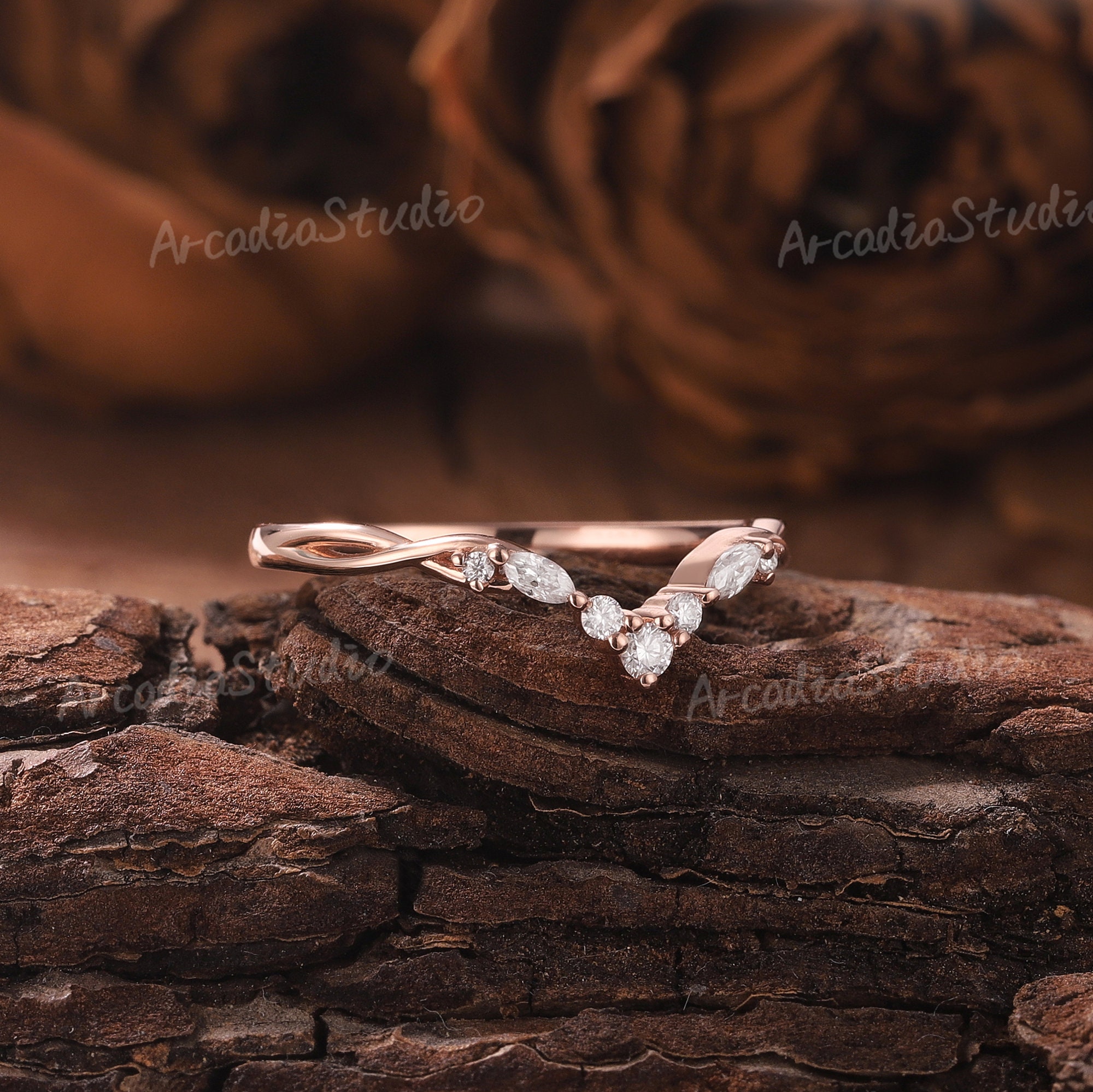 Art Deco Moissanite Wedding Band Rose Gold Ring Weddding Ring Diamond ...