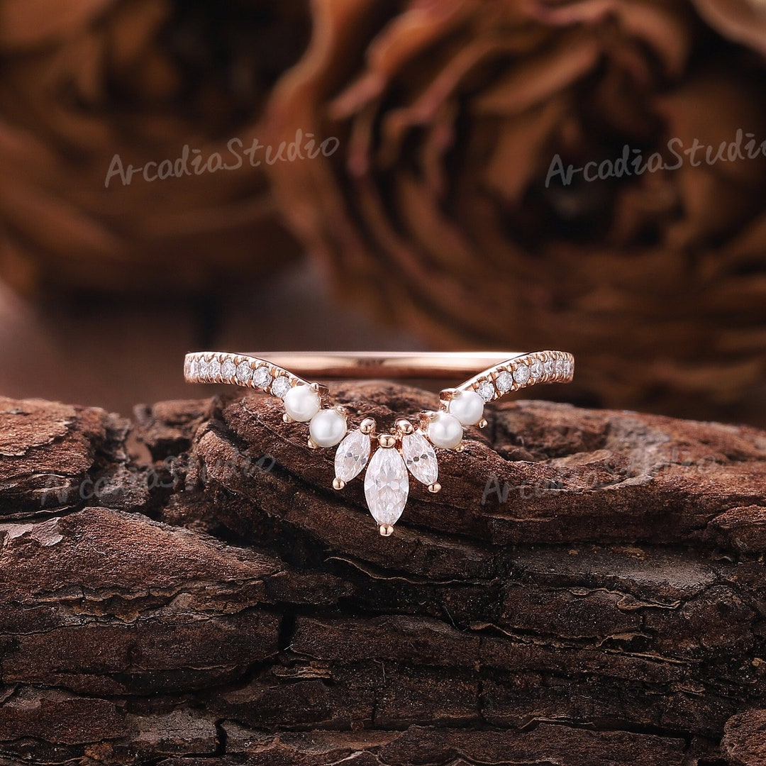 Vintage Moissanite Wedding Band Marquise Moissanite Ring Art Deco Rose ...