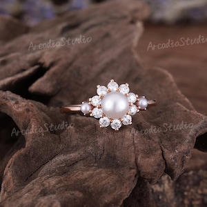 Akoya Pearl Engagement Ring Unique Halo Moissanite Rose Gold - Etsy