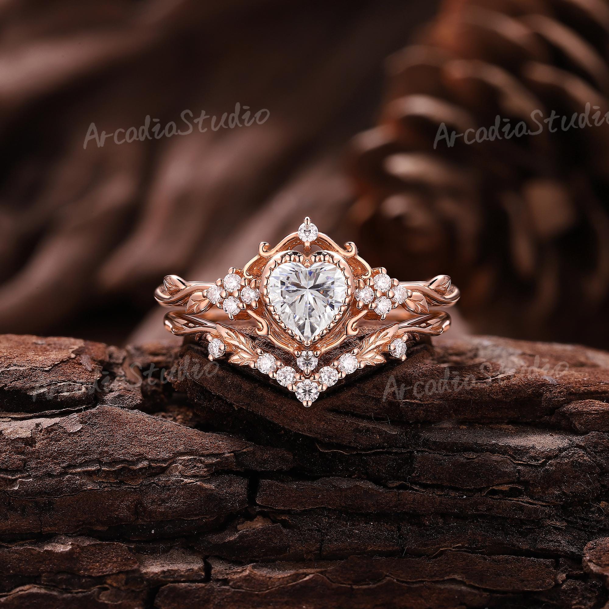 Heart Shaped Moissanite Engagement Ring Set Rose Gold Ring Vintage Floral Ring Set Cluster Diamond Rings For Women Anniversary Gift For Her