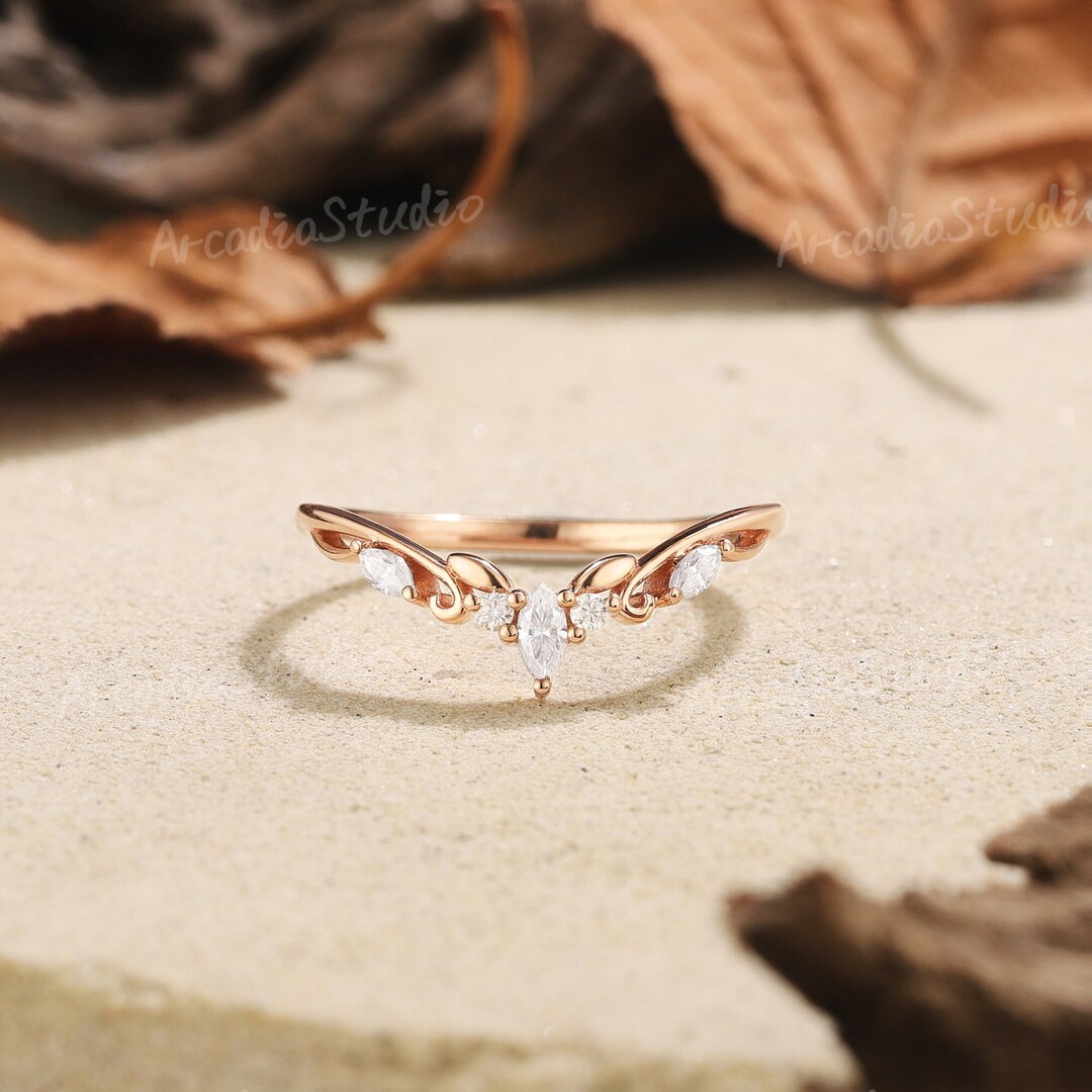 Art Deco Marquise Moissanite Wedding Band Rose Gold Moissanite Ring ...