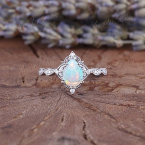 Vintage Opal Engagement Ring Pear Cut Rose Gold Cluster Moissanite ...