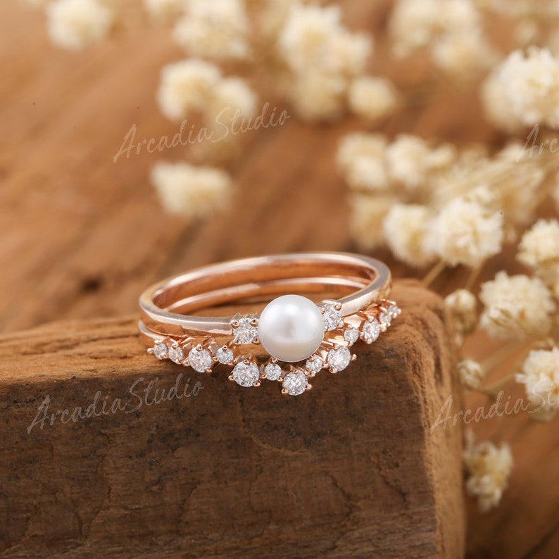 Akoya Pearl Engagement Ring Set Rose Gold Bridal Set Cluster Moissanite Half Eternity Wedding Band Curved Antique Rings June Birthstone image 1