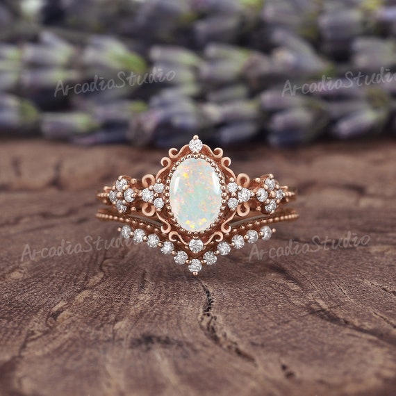 Vintage Oval Opal Engagement Ring Set Rose Gold Cluster Moissanite