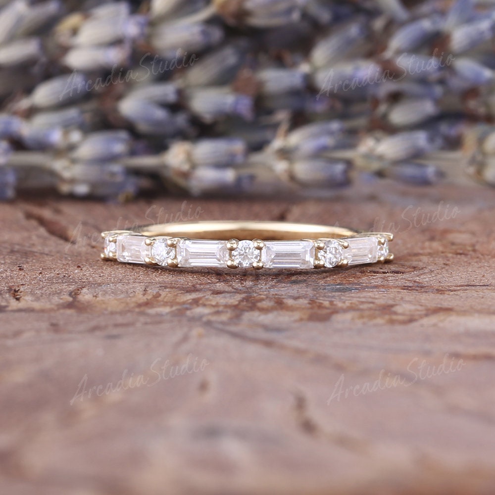 Vintage Moissanite Wedding Band Women Yellow Gold Baguette Cut Round ...