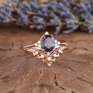 Vintage Alexandrite Engagement Ring Set Rose Gold Oval Cut - Etsy