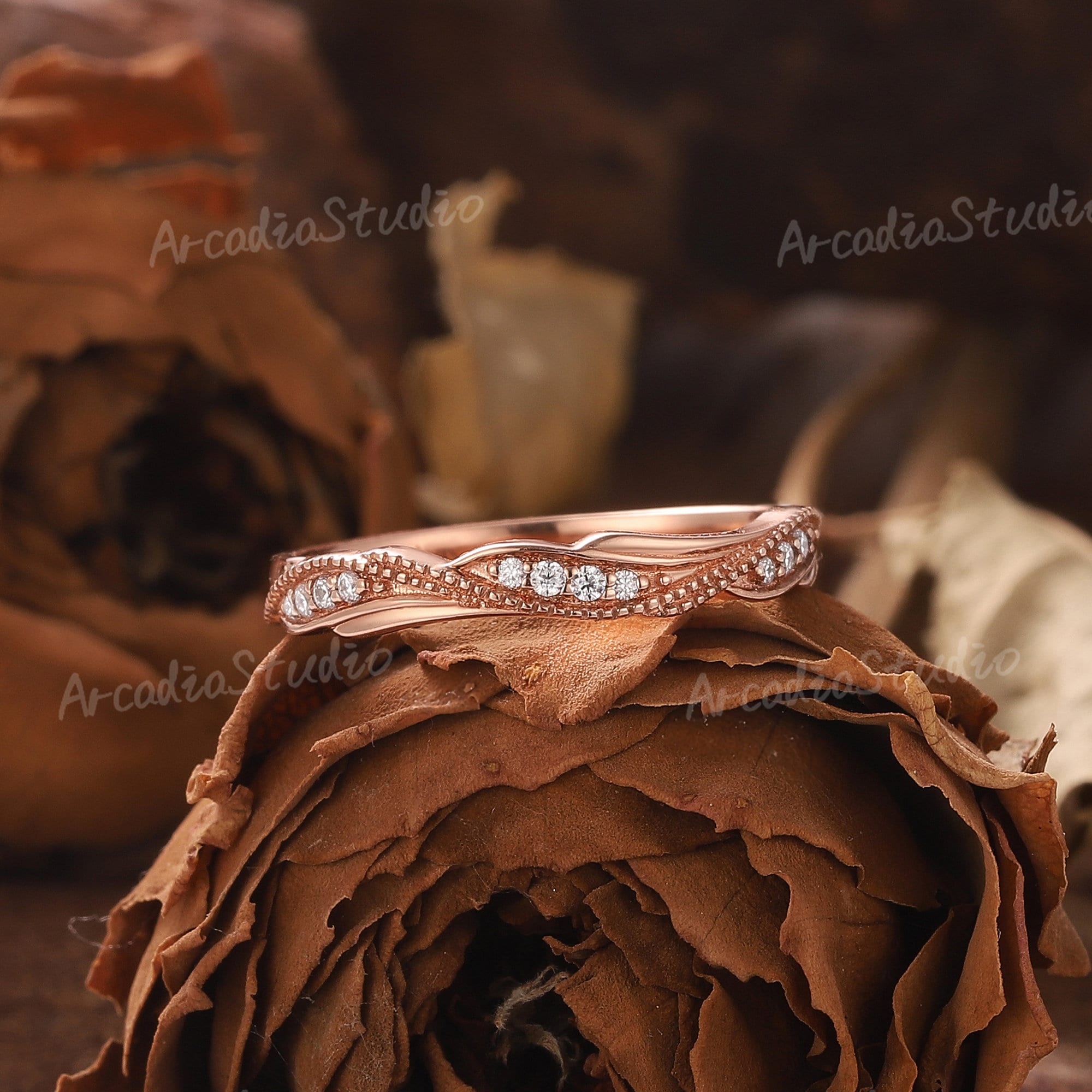 Art Deco Moissanite Wedding Band Unique Rose Gold Moissanite Ring ...