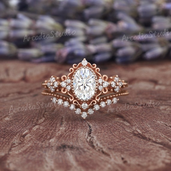 Vintage Oval Moissanite Engagement Ring Set Rose Gold Moissanite