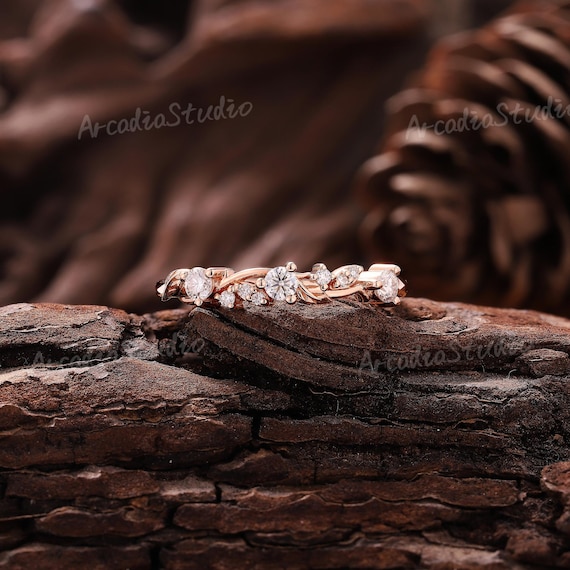 Unique Diamond Wedding Band Gold Ring Leaf Ring Stacking Ring Cluster Diamond Branch Ring Art Deco Eternity Band Anniversary Gift For Her