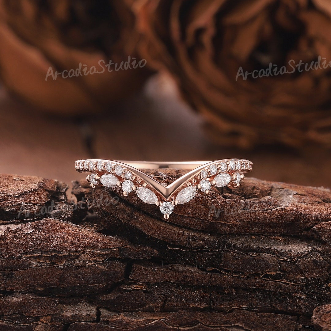 Unique Moissanite Wedding Band Rose Gold Stacking Ring Art Deco Diamond ...