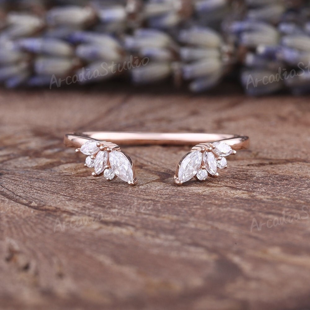 Unique Moissanite Open Wedding Band Women Curved Stacking Ring Marquise Cut Rose Gold Wedding Band Diamond Stacking Matching Band