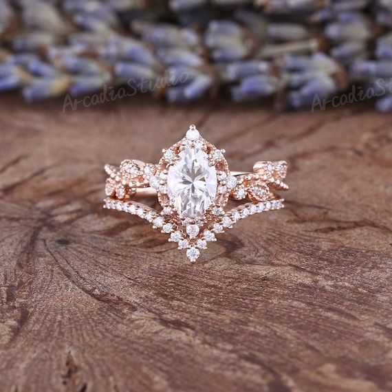 Vintage Moissanite Engagement Ring Set Oval Cut Rose Gold | Etsy