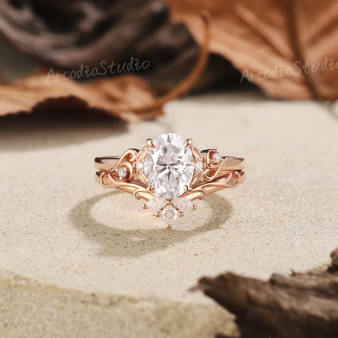 Oval Moissanite Leaf Engagement Ring Set Solid Gold Diamond Cluster ...