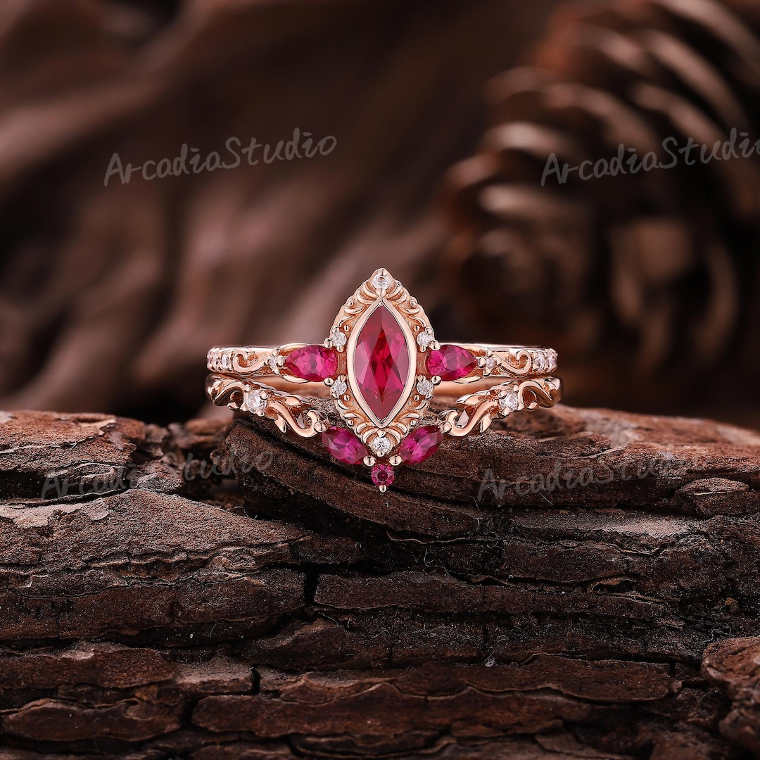 Ruby Rings Set Vintage Ruby Engagement Ring Set Marquise Shaped Gold Ring Ruby Ring ...