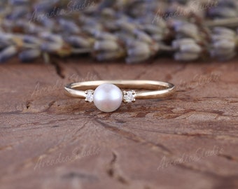 Unique Pearl Engagement Ring Yellow Gold Akoya Pearl Wedding Ring