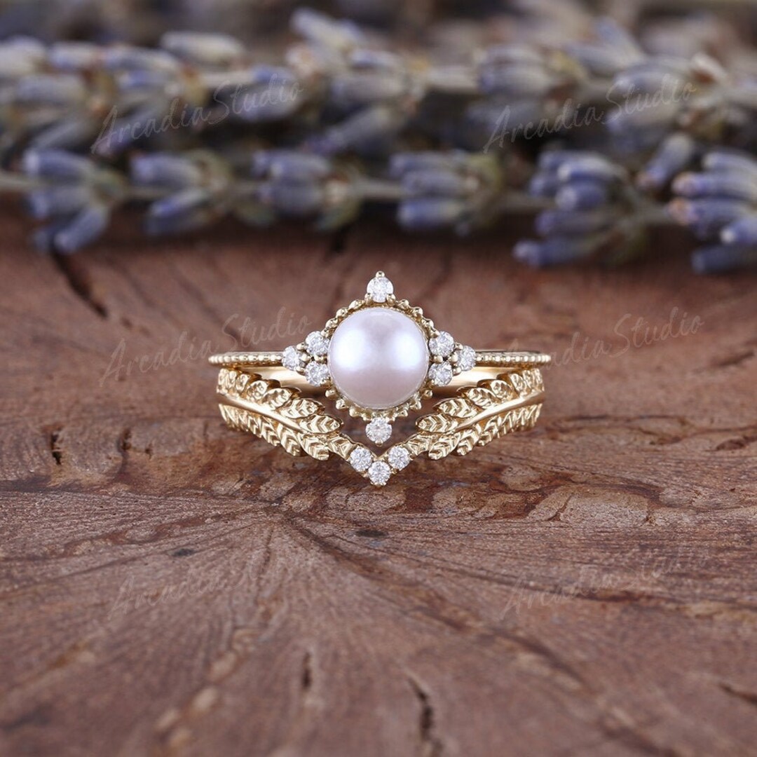 Akoya Pearl Engagement Ring Set Vintage Yellow Gold Pearl Ring Set Art Deco Leaf Moissanite Bridal Set Unique Leaf Nature Inspired Ring Etsy