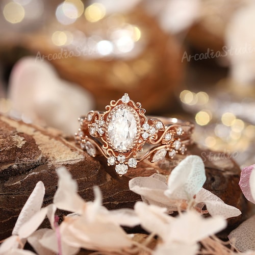 Oval Moissanite Floral Engagement Ring Set, Rose Gold Leaf Bridal Rings, Vintage Wedding Rings for Women, Milgrain Bezel Set, Fine Jewelry