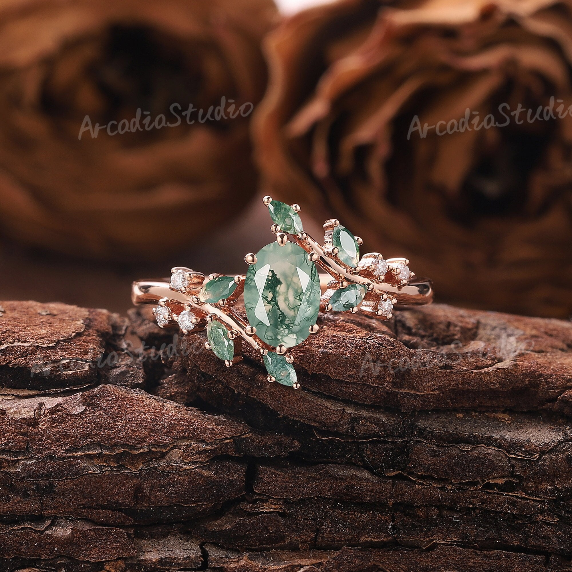 Unique Moss Agate Engagement Ring Rose Gold Ring Natural