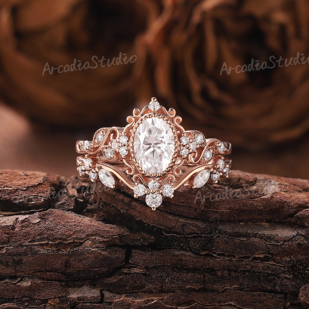 Unique Moissanite Engagement Ring Set Floral Ring Rose Gold Ring Set ...