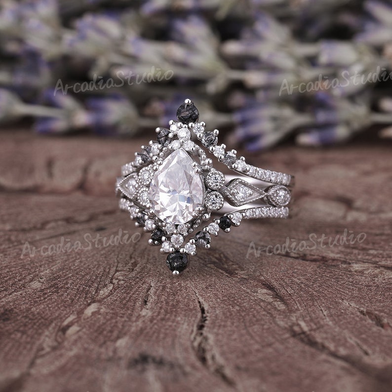 Vintage Moissanite Engagement Ring Set 3pcs Wedding Ring Set Etsy