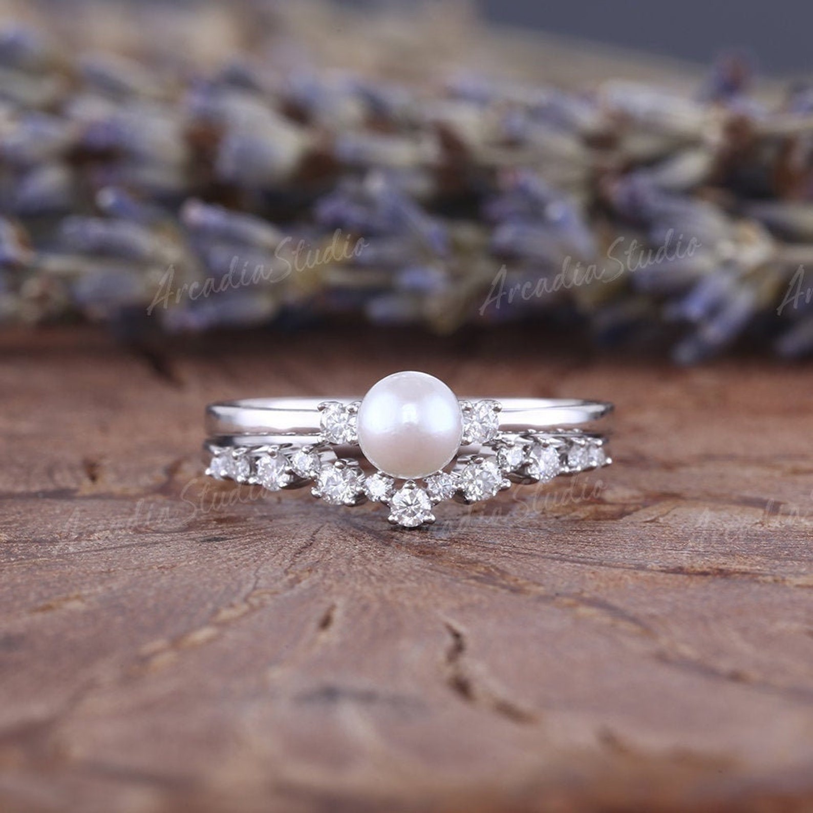 Vintage Pearl Engagement Ring Set Rose Gold Unique Pearl Wedding Ring Vintage Pearl Engagement Ring Set Rose Gold Unique Pearl Wedding Ring