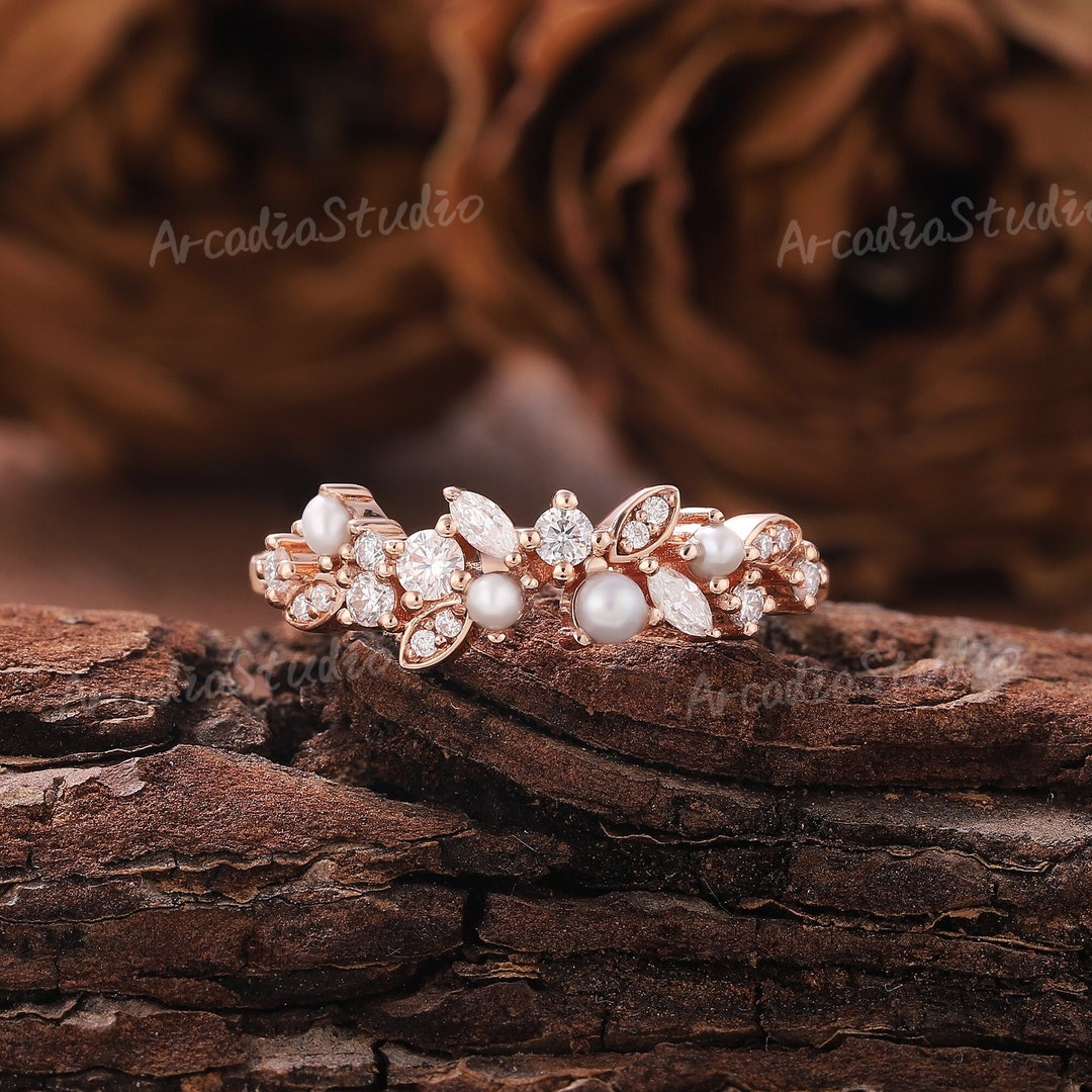Unique Pearl Rings Unique Pearl Engagement Ring Rose Gold Moissanite Ring Nature Inspired ...