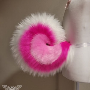 MTO Curly fursuit tail for husky, akita, shiba inu, malamute, curled canine furry character cosplay - striped swirl three-toned tricolor ver