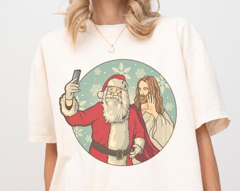 Jesus Santa Selfie Tee: Retro Christian Christmas T-Shirt
