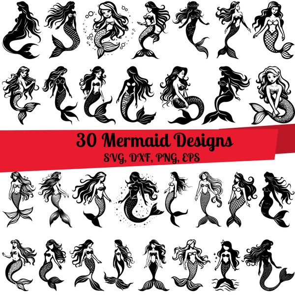 30 Mermaid SVG Bundle, Mermaid dxf, Mermaid png, Mermaid vector, Mermaid outline, Mermaid clipart, Mermaid designs, Mermaid cut file