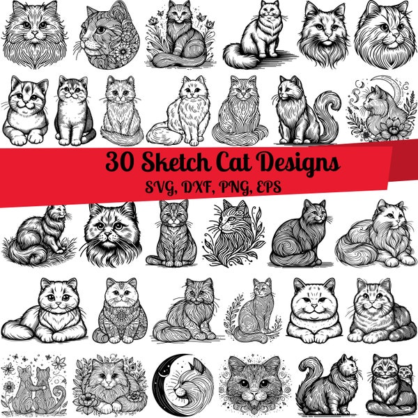 30 Sketch Cat SVG Bundle, Floral Cat svg,Cat Line Art,Cat outline,Cat printable,Funny Cat svg, Cat Line Ornament, Cat Drawing,Cat Simple png