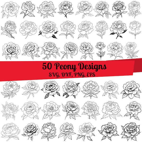 50 Peony SVG Bundle, Peony Line Art, Peony dxf, Peony png, Peony eps,Peony vector,Peony cut files, Peony Flower svg, Peony outline