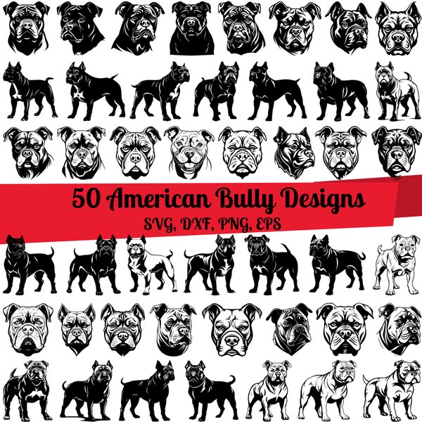 50 Amerikaanse Bully SVG bundel, Bully Dog SVG, American Bully DXF, American Bully PNG, American Bully EPS, American Bully vector, hondenras SVG