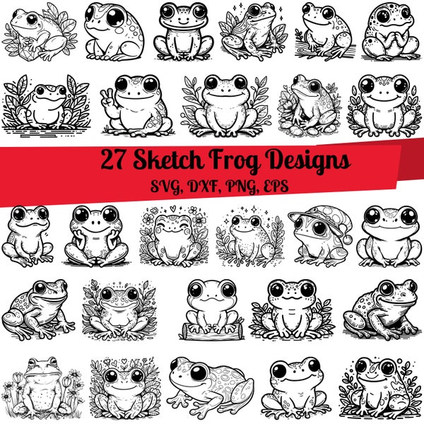 27 Sketch Frog SVG Bundle, Floral Frog svg, Frog Line Art, Woodland Animal svg, Cute Frog svg, Frog outline, Frog printable, Funny Frog