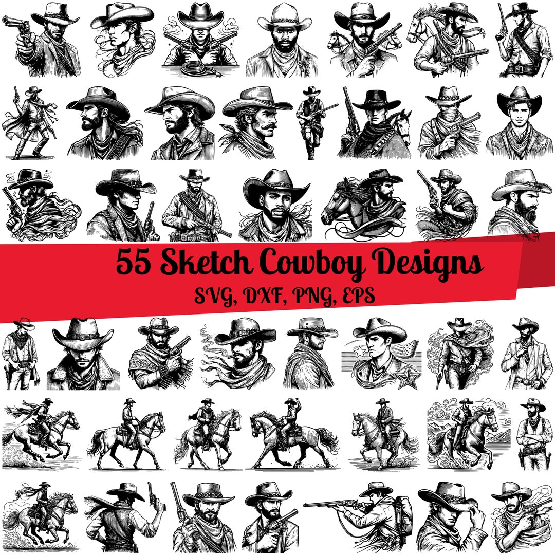 Young Rodo Schech 55 Sketch Cowboy SVG Bundle, Rodeo Svg, Cowboy Line Art, Cowboy Outline ...