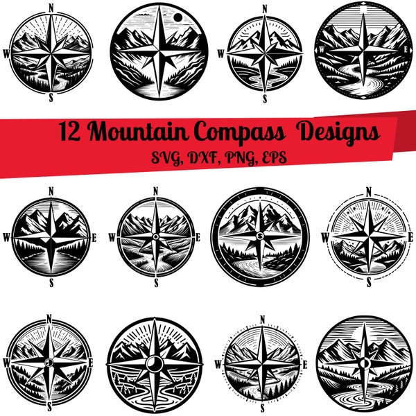 12 Mountain Compass SVG Bundle, Mountain Compass dxf, Mountain Compass png, Mountain Compass vector, Mountain Compass outline, Navigate svg