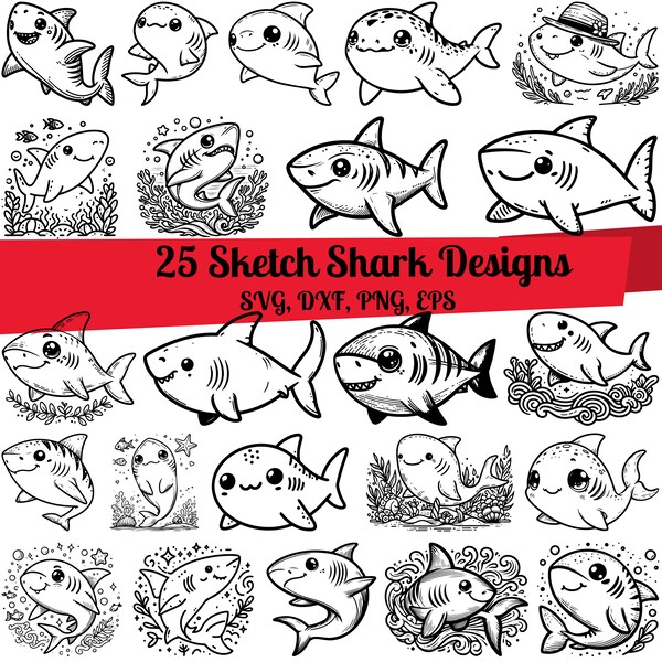 32 Sketch Shark SVG Bundle, Floral Shark svg, Shark Line Art, Cute Shark svg, Cute Shark dxf, Funny Shark svg, Shark printable, Shark art