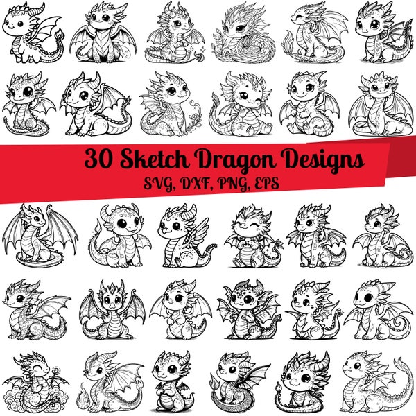 30 Sketch Dragon SVG Bundle, Floral Dragon svg, Dragon Line Art, Cute Dragon svg, Cute Moose dxf, Funny Dragon svg, Dragon outline