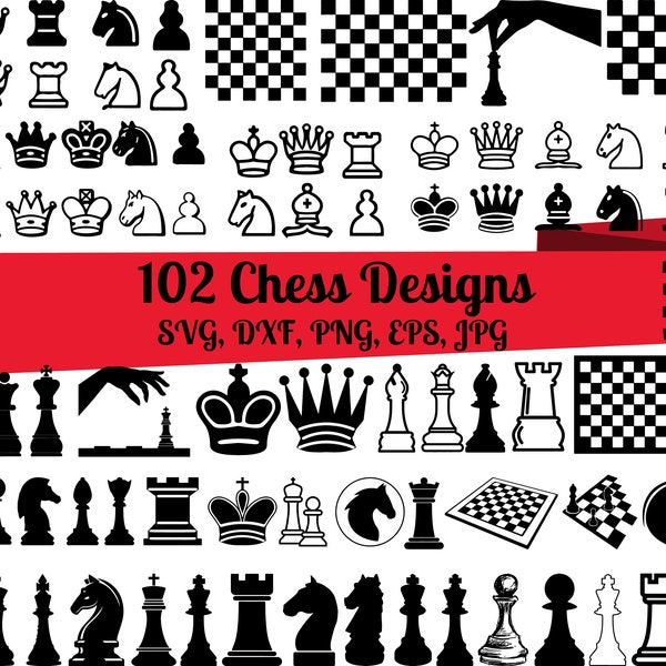 102 Ajedrez SVG Paquete, Figuras de ajedrez svg, Ajedrez dxf, Ajedrez png, Ajedrez eps, Vector de ajedrez, Archivos de corte de ajedrez, Piezas de ajedrez svg, Juego de ajedrez svg