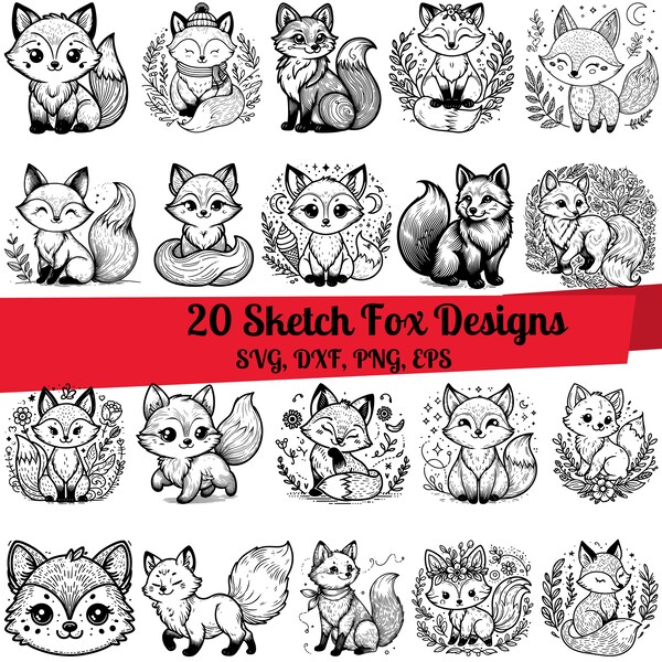 20 Sketch Fox SVG Bundle, Floral Fox svg, Fox Line Art, Woodland Animal svg, Cute Fox svg, Cute Fox dxf, Cute Fox png, Cute Fox outline