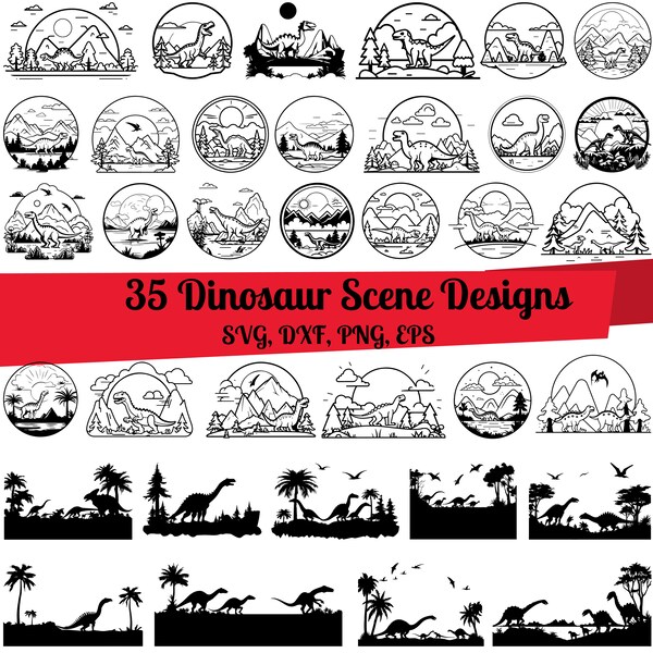 35 Dinosaur Scene SVG Bundle, Prehistoric svg, Dinosaur Scene dxf, Dinosaur Scene png,Dinosaur Scene vector, T-Rex Scene svg