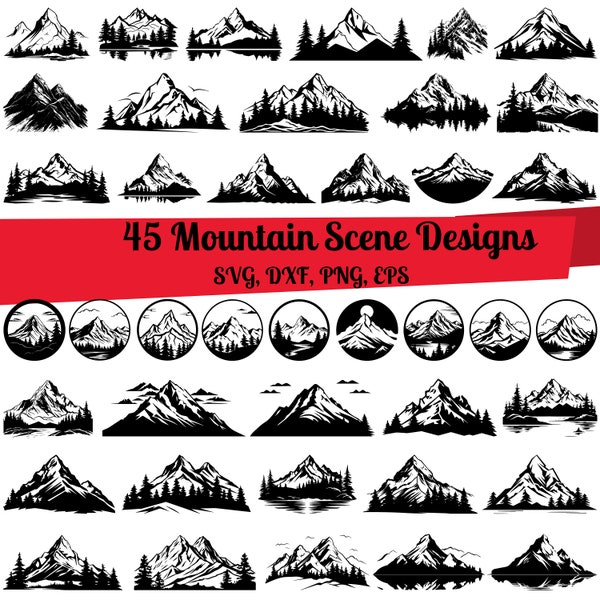 45 Mountain Scene SVG Bundle, Outdoors scene svg, Mountain Scene dxf,Mountain Scene png,Mountain Scene vector,Landscape svg,Mountain clipart