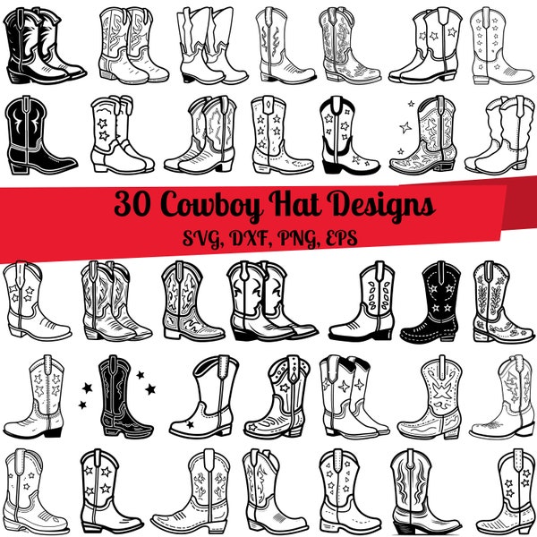 Paquete SVG de 30 botas de vaquero, bota de vaquero dxf, eps de bota de vaquero, vector de bota de vaquero, diseño de bota de vaquero, imágenes prediseñadas de bota de vaquero, botas de vaquero svg