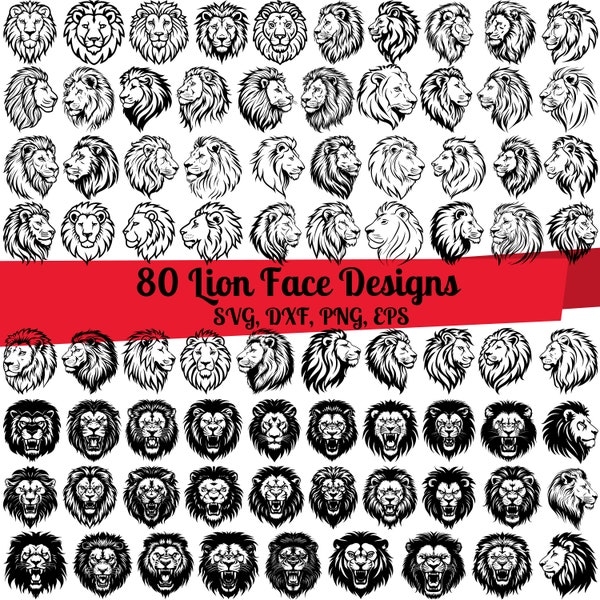80 Lion Face SVG Bundle, Lion Face dxf, Lion Face png, Lion Face vector, Lion Face outline, Lion Face clipart, Lion Mascot svg,Lion Head svg