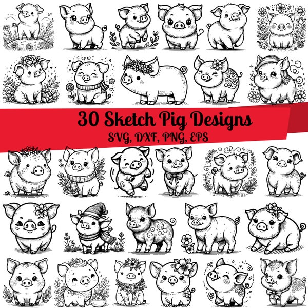 30 Sketch Pig SVG Bundle, Floral Pig svg, Pig Line Art, Cute Pig svg, Cute Pig dxf, Funny Pig svg, Pig printable, Pig design, Pig art