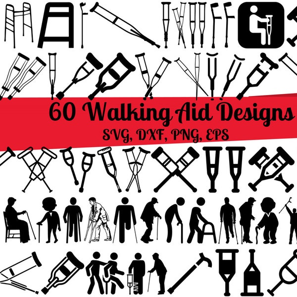 60 Walking Aid SVG Bundle, Medical Walker svg, Elderly Walker svg, Rolling Walker svg, Crutches svg, Mobility Aid svg, Injury Crutch svg