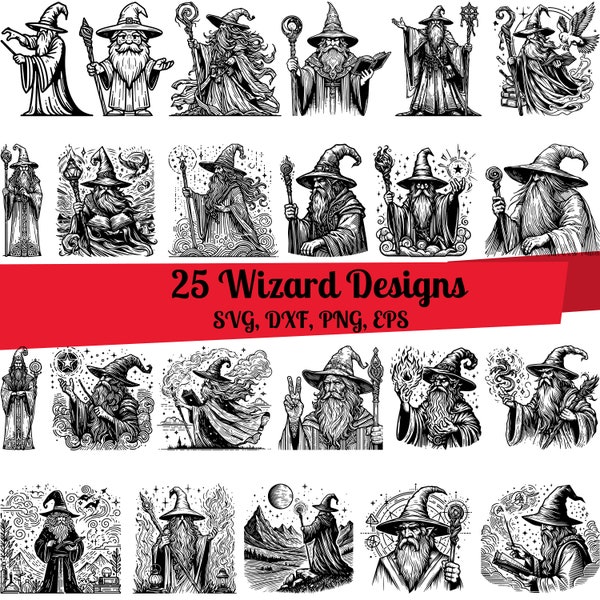 25 Wizard SVG Bundle, Wizard dxf, Wizard png, Wizard vector, Wizard outline, Wizard clipart, Magician svg, Sorcerer svg, Wizard Magic svg