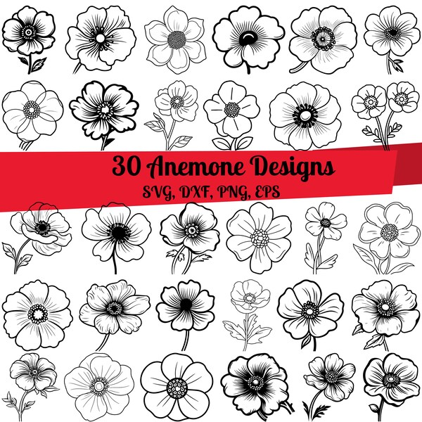 30 Anemone SVG Bundle, Anemone Line Art, Anemone dxf, Anemone png, Anemone eps,Anemone vector,Anemone Flower svg, Anemone outline