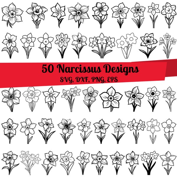 Lot de 50 Narcisse SVG, dessin au trait Narcisse, Narcisse dxf, Narcisse png, Narcisse eps, vecteur Narcisse, fleur Narcisse svg